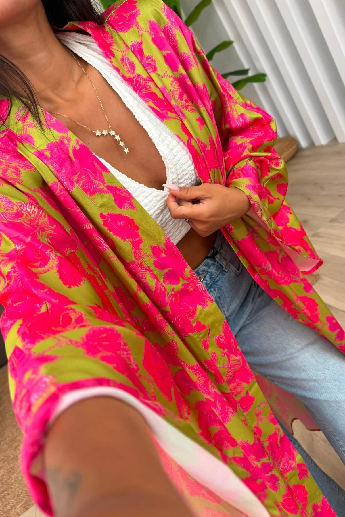 Desenli Saten Kimono 