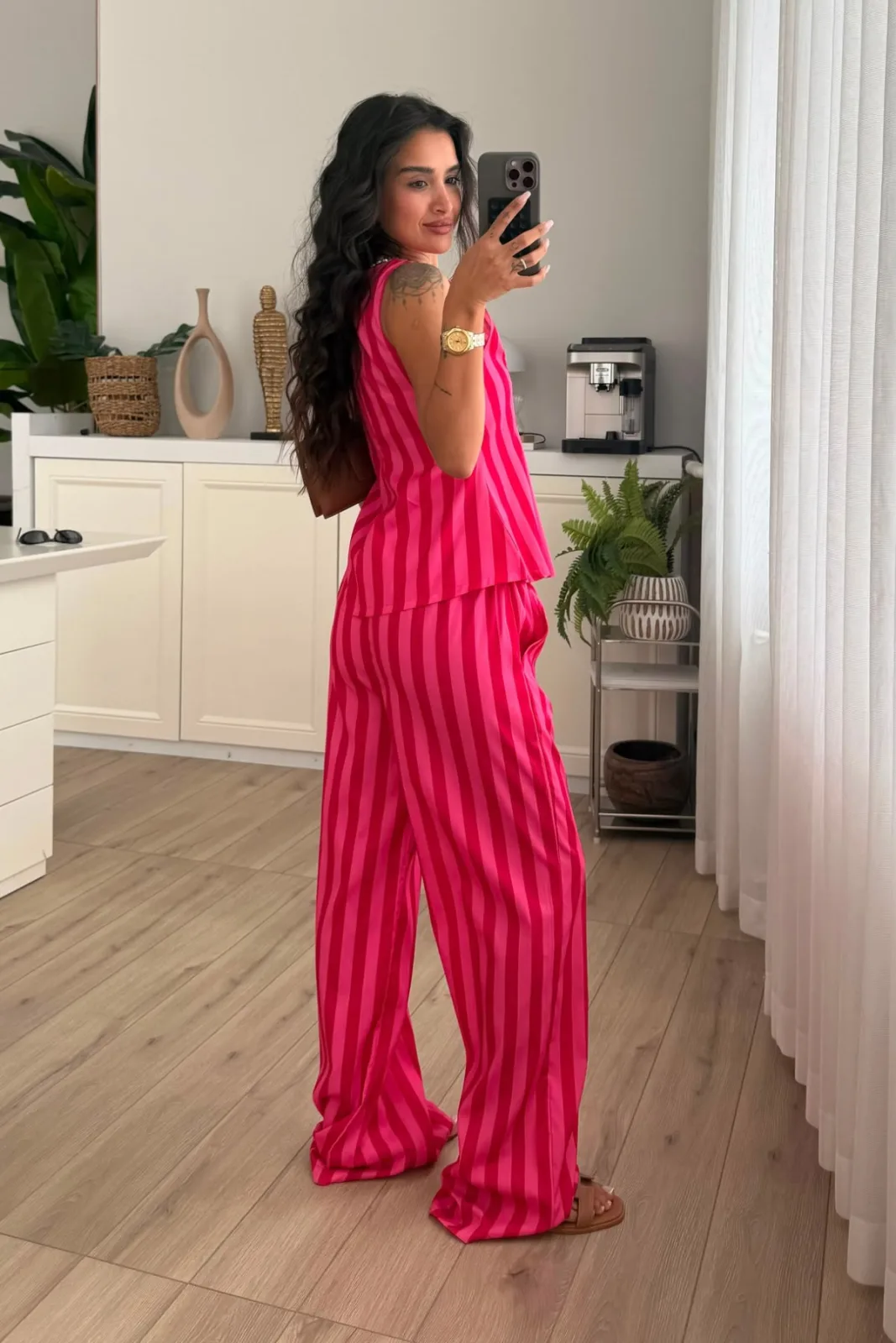 Vion Çizgili Bluz Pantolon Takım Kırmızı Pembe