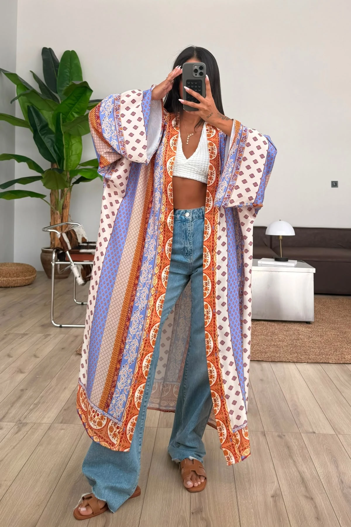 Desenli Saten Kimono 