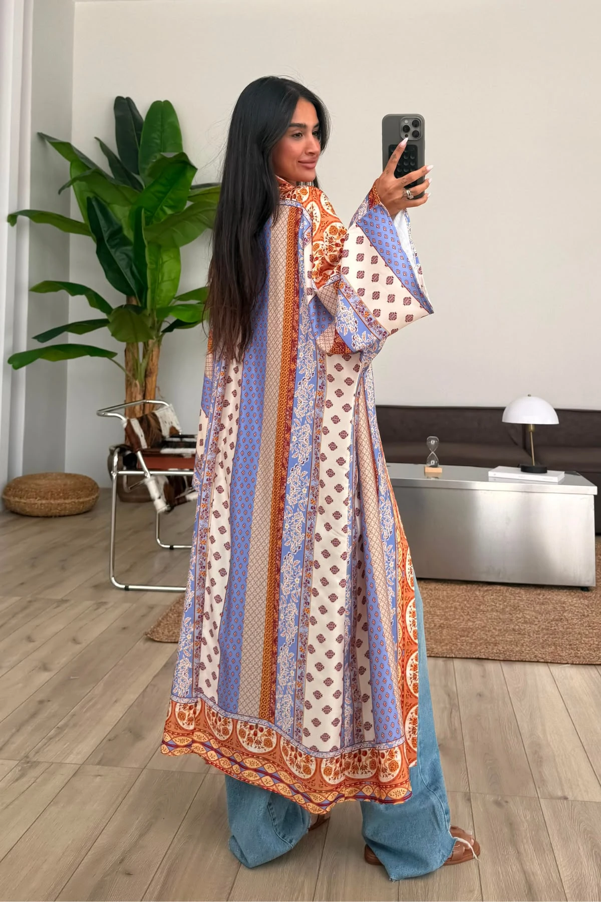 Desenli Saten Kimono 