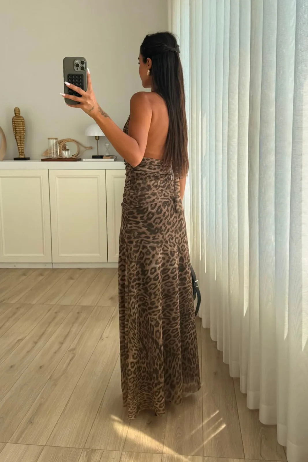 Ml Boyundan Bağlamalı Leopar Tül Elbise