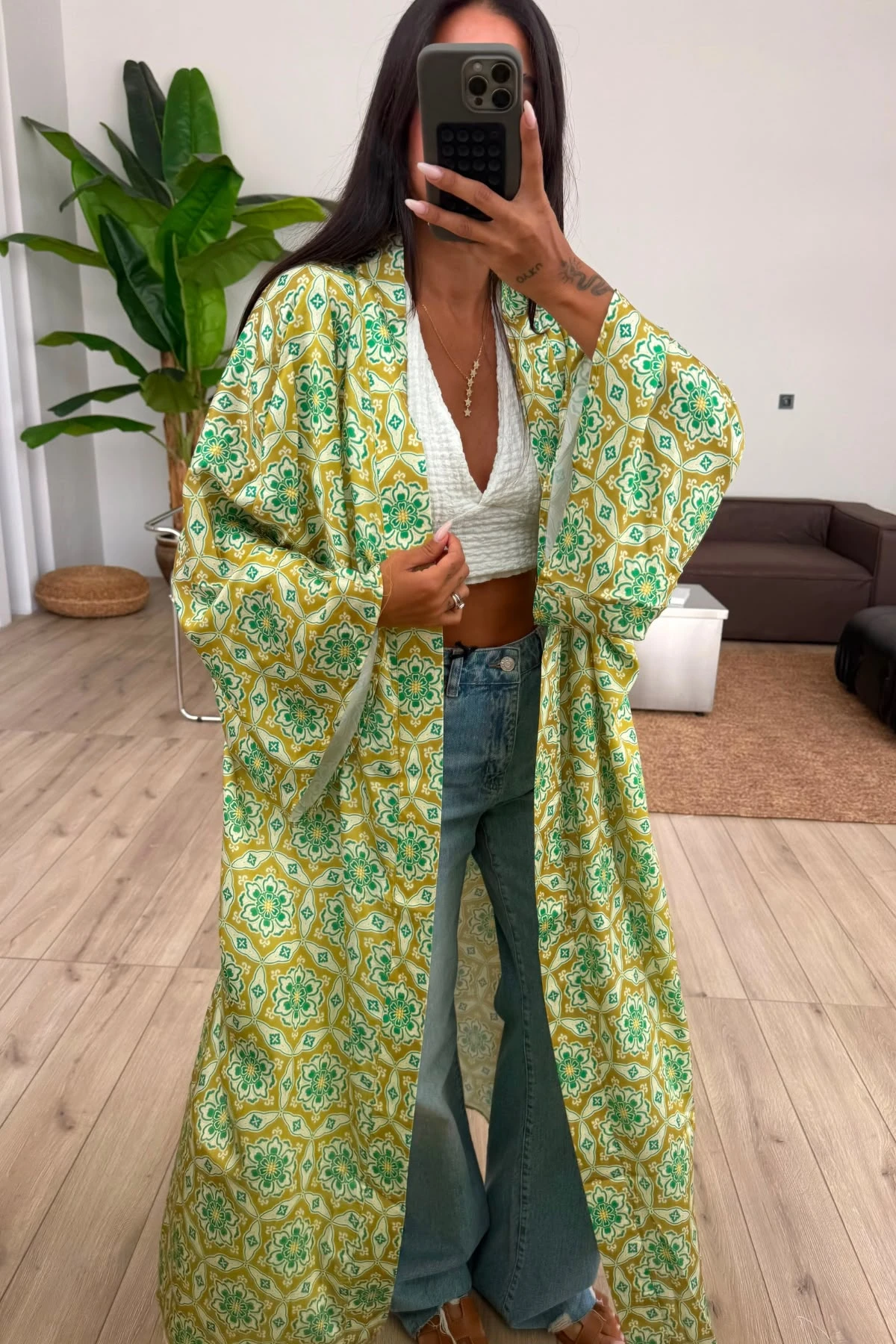 Desenli Saten Kimono 