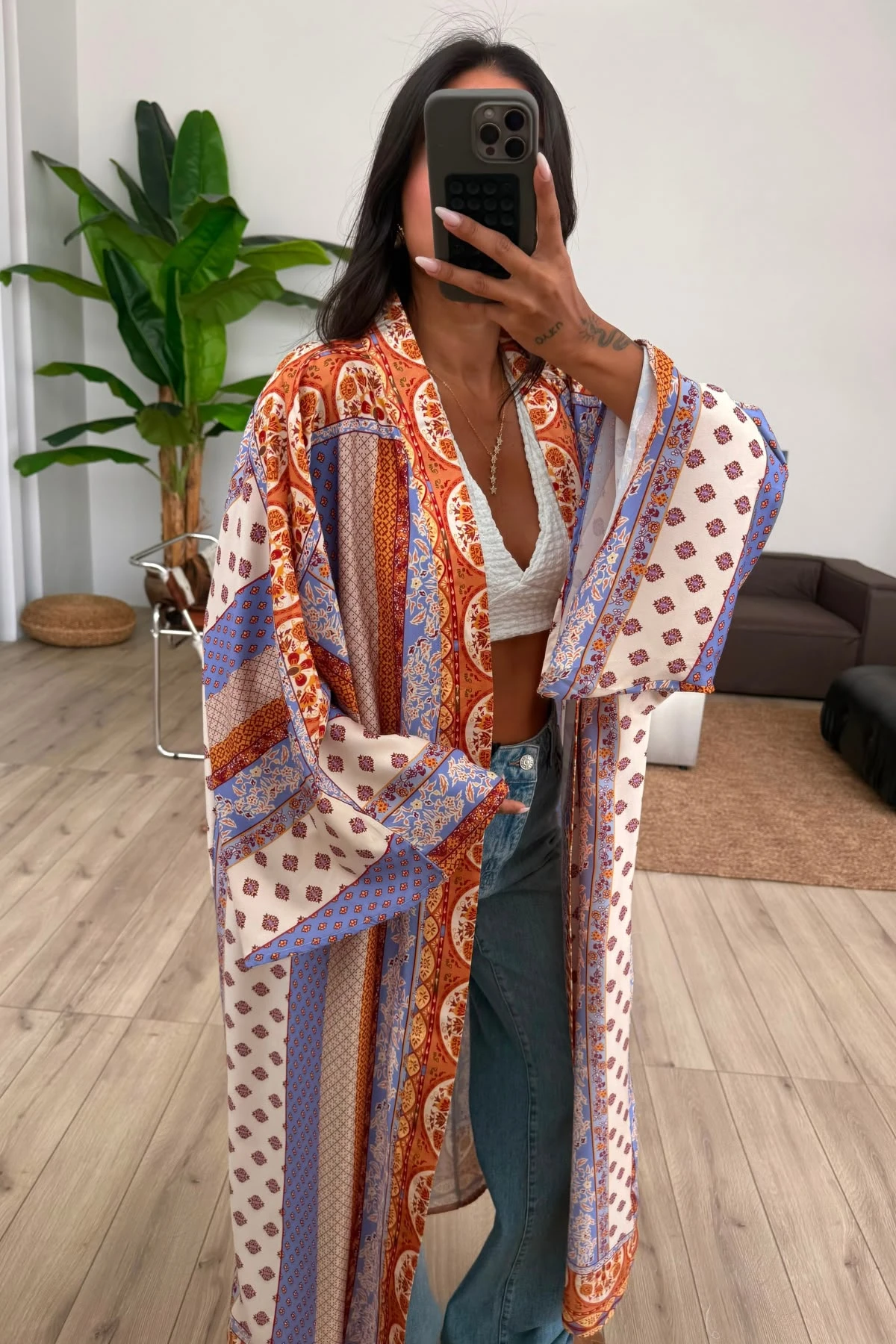 Desenli Saten Kimono 