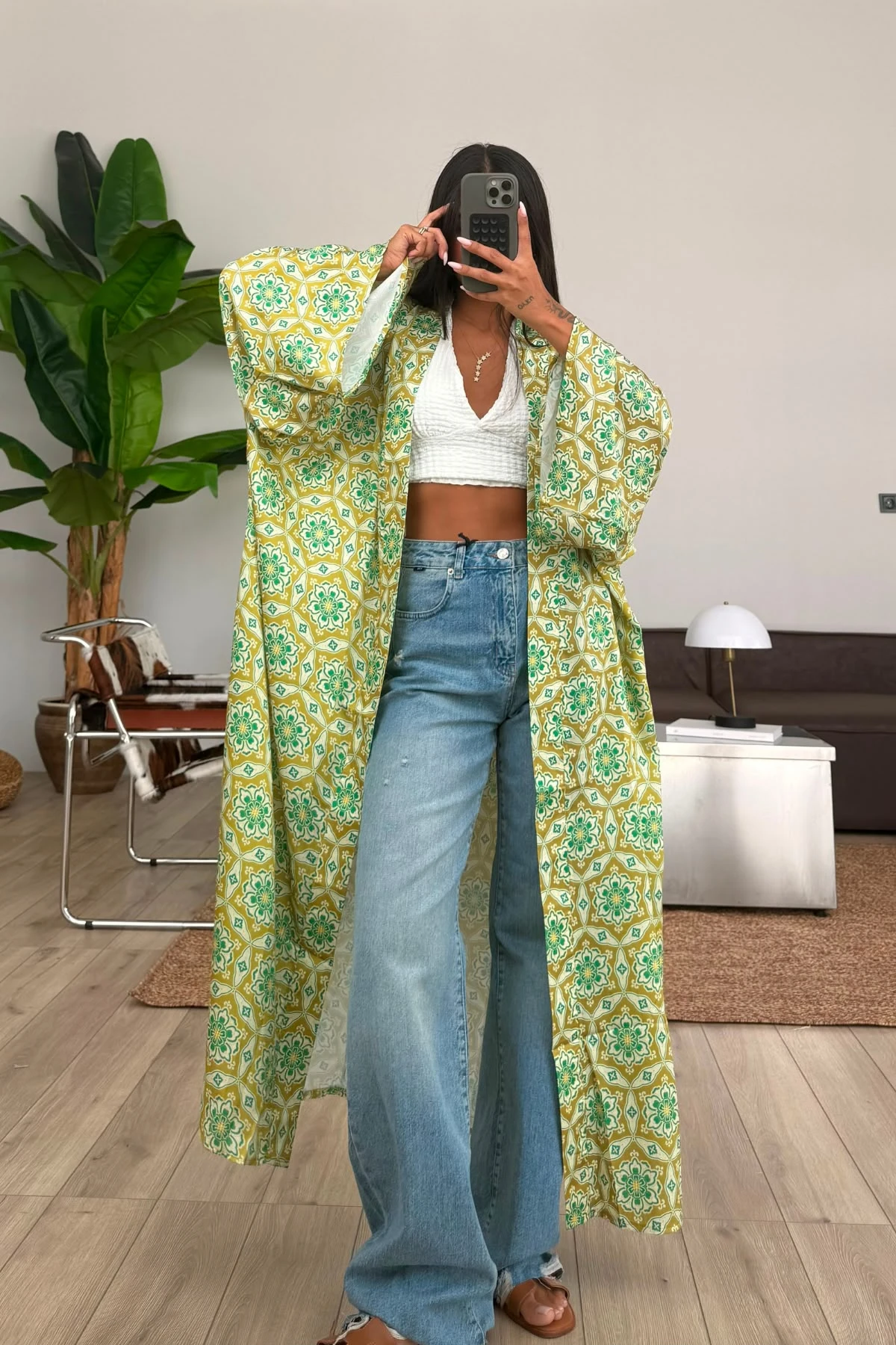Desenli Saten Kimono 