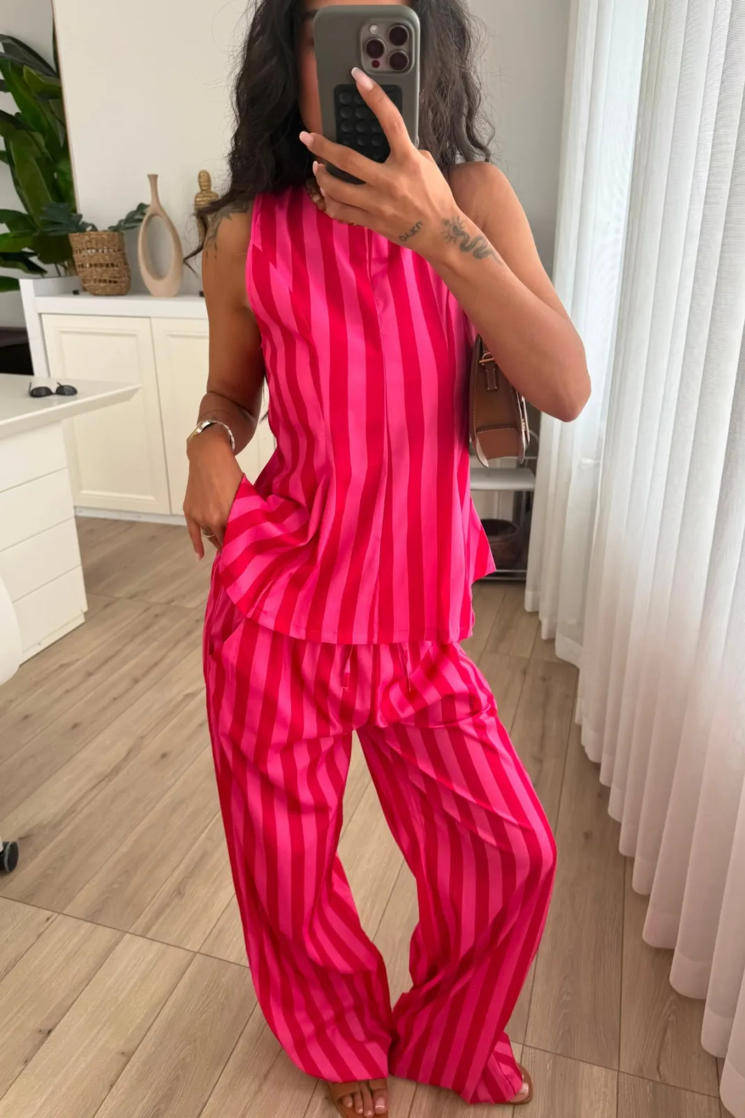 Vion Çizgili Bluz Pantolon Takım Kırmızı Pembe