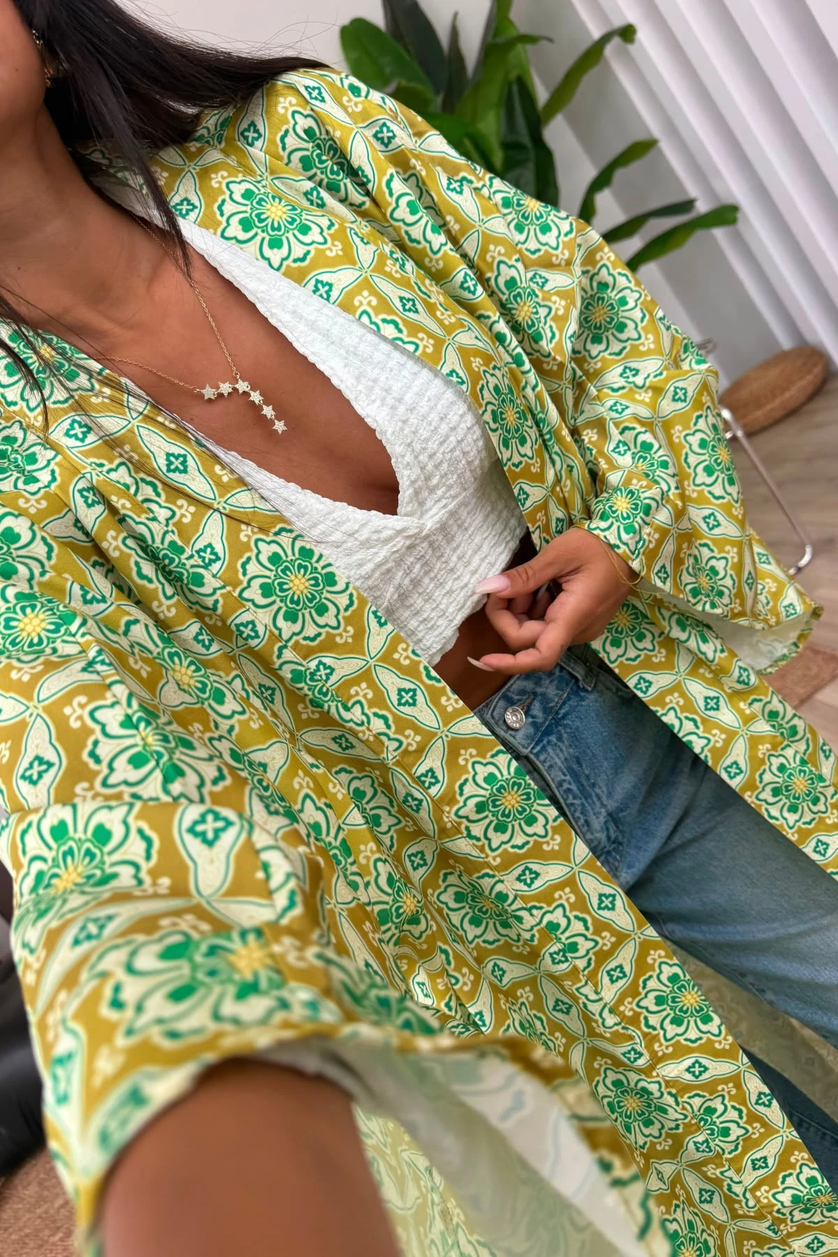 Desenli Saten Kimono 