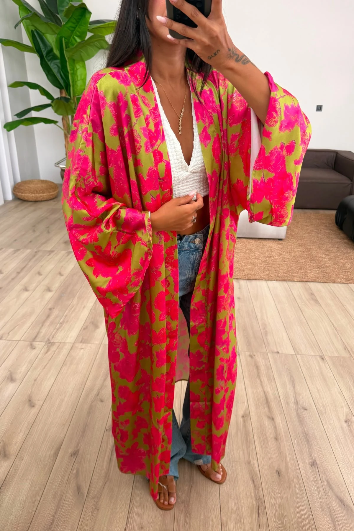 Desenli Saten Kimono 