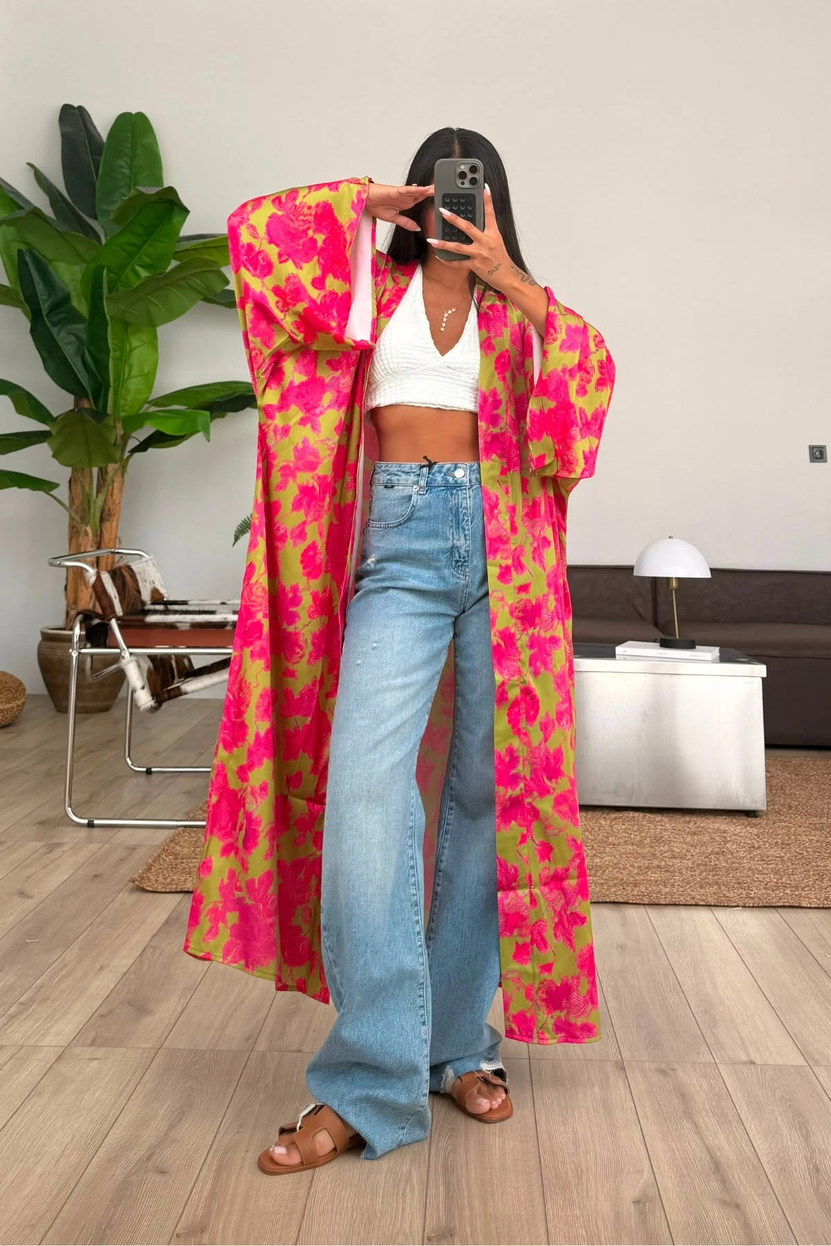 Desenli Saten Kimono 