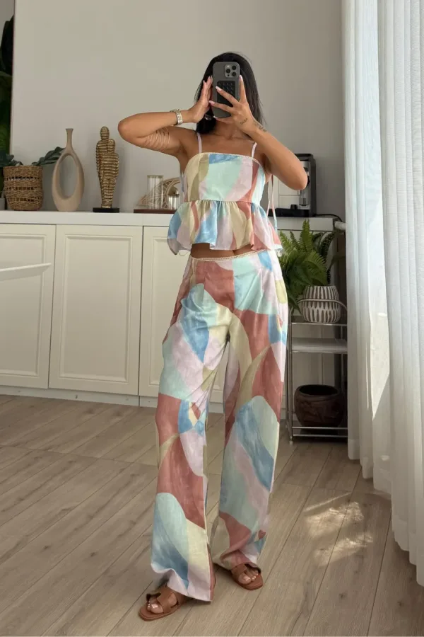 Nakış Detaylı Geometrik Bluz Pantolon Takım