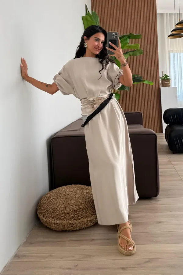 Andreea Beli Lastikli Tensel Elbise Bej 