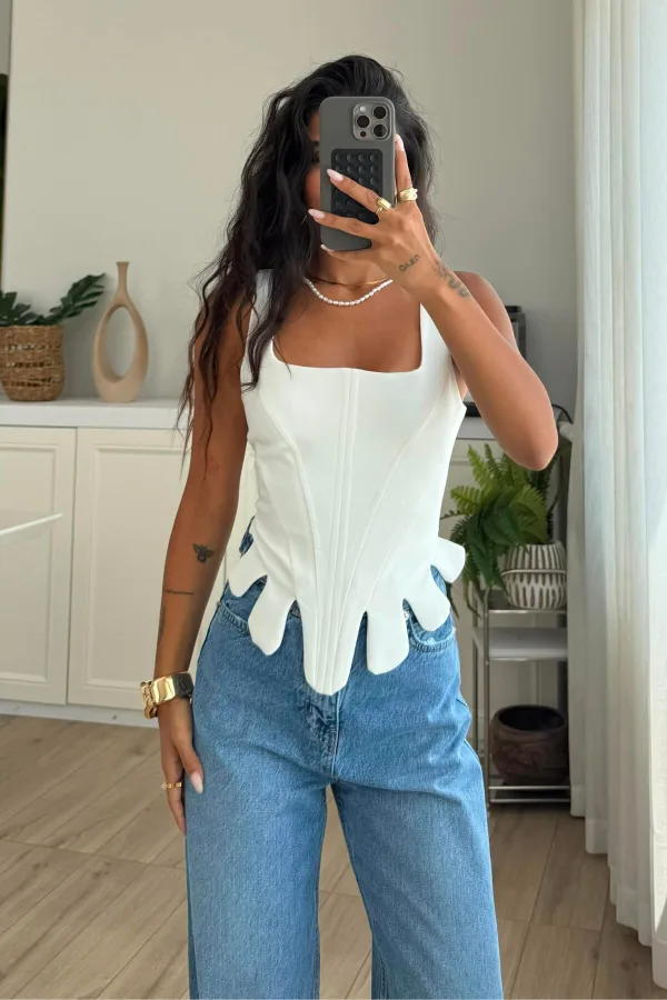 Askılı Balenli Tasarım Bluz Beyaz