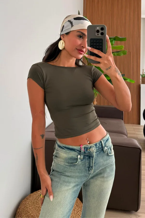 Sırtı Açık Soft Touch Bluz Haki