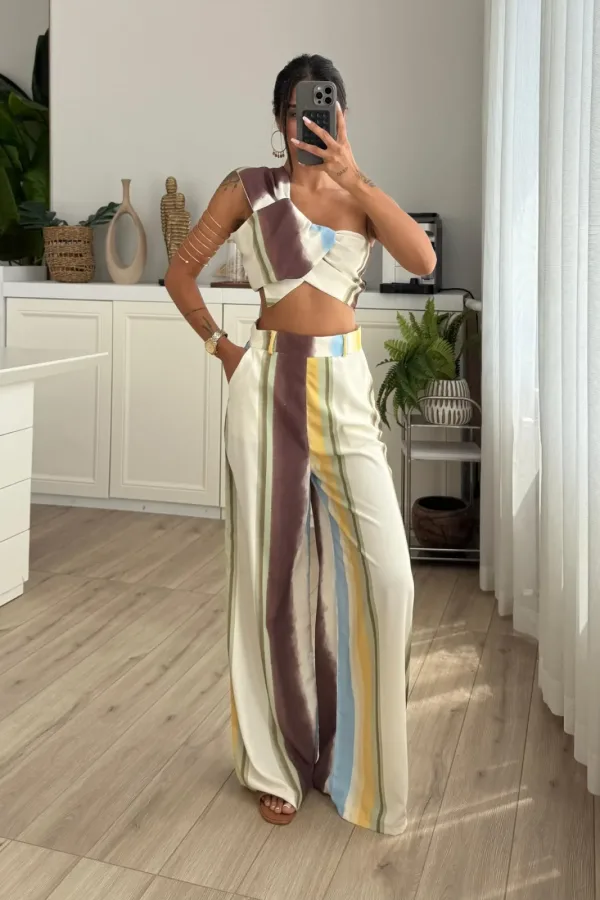Aura Asimetrik Crop Pantolon Takım Taş