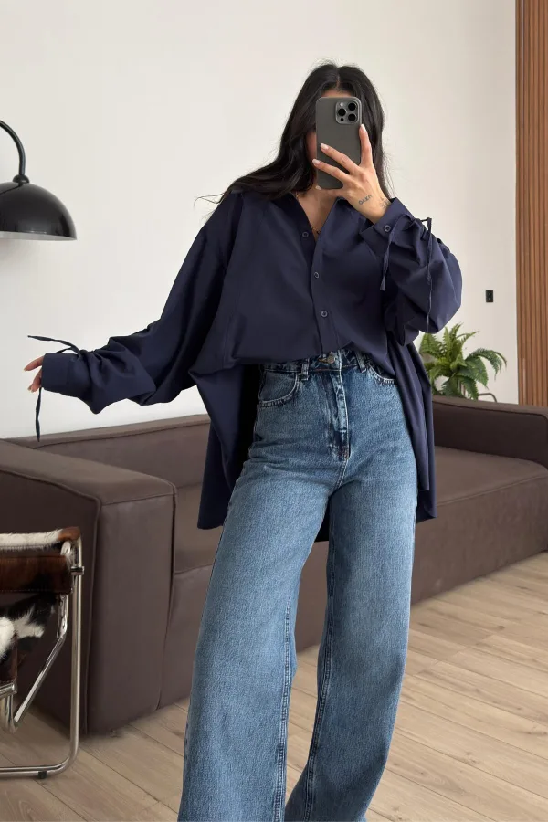 Kolları Ayarlanabilir Oversize Gömlek Laciverti