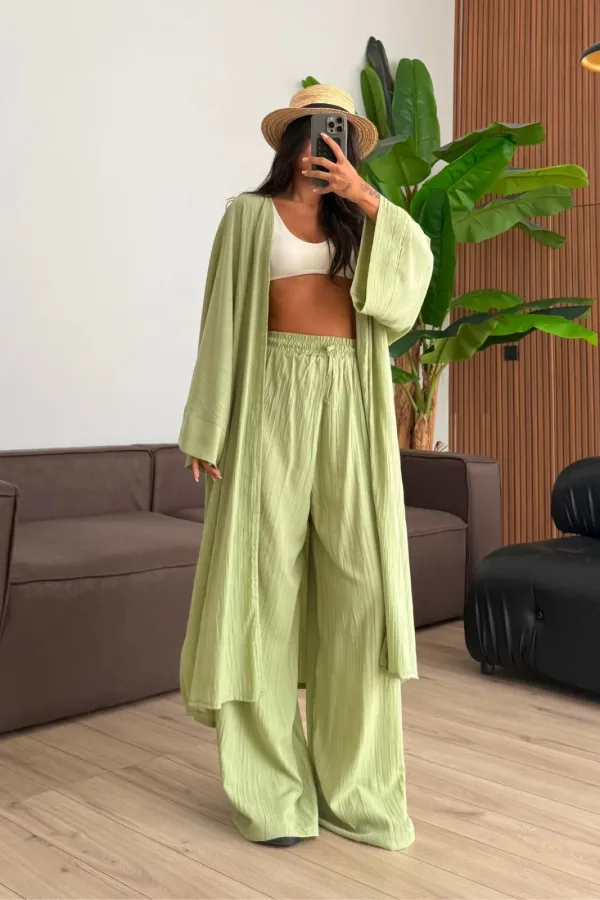 Gofre Kumaş Yırtmaçlı Kimono Takım