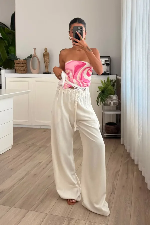 Beli Bağlamalı Keten Pantolon Natur 