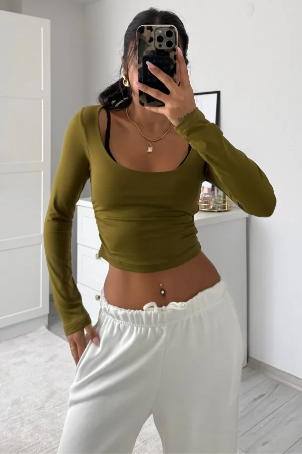 U Yaka Drapeli Crop Yeşil