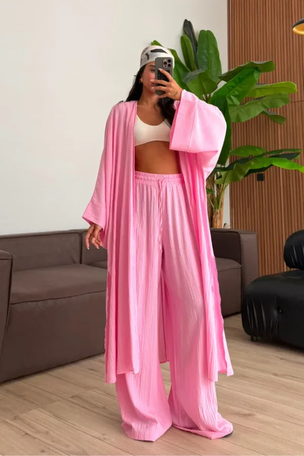 Gofre Kumaş Yırtmaçlı Kimono Takım