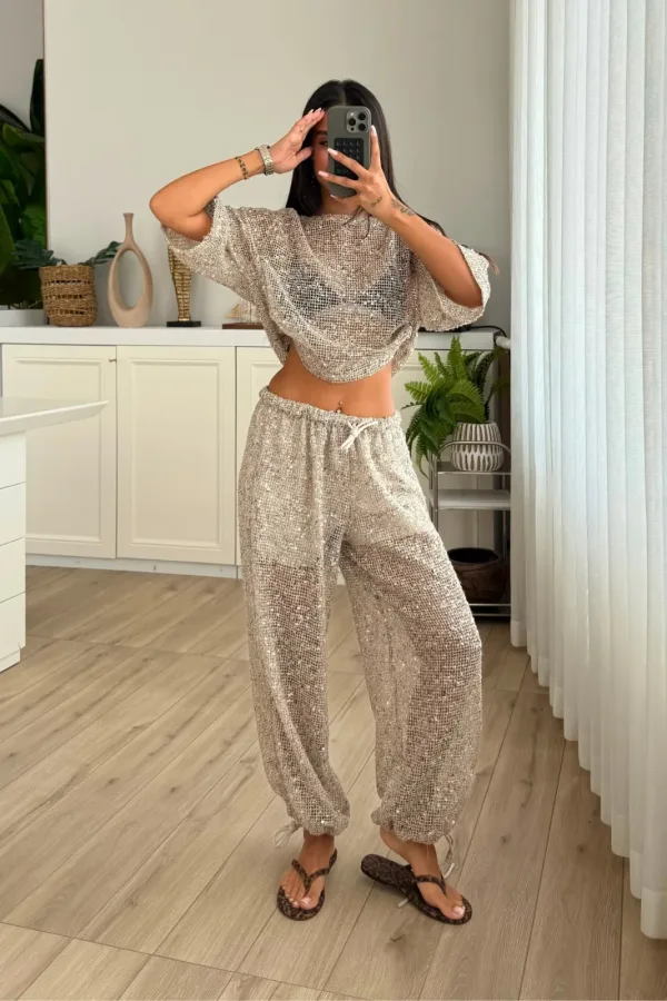 Pullu Fileli Bluz Pantolon Takım 