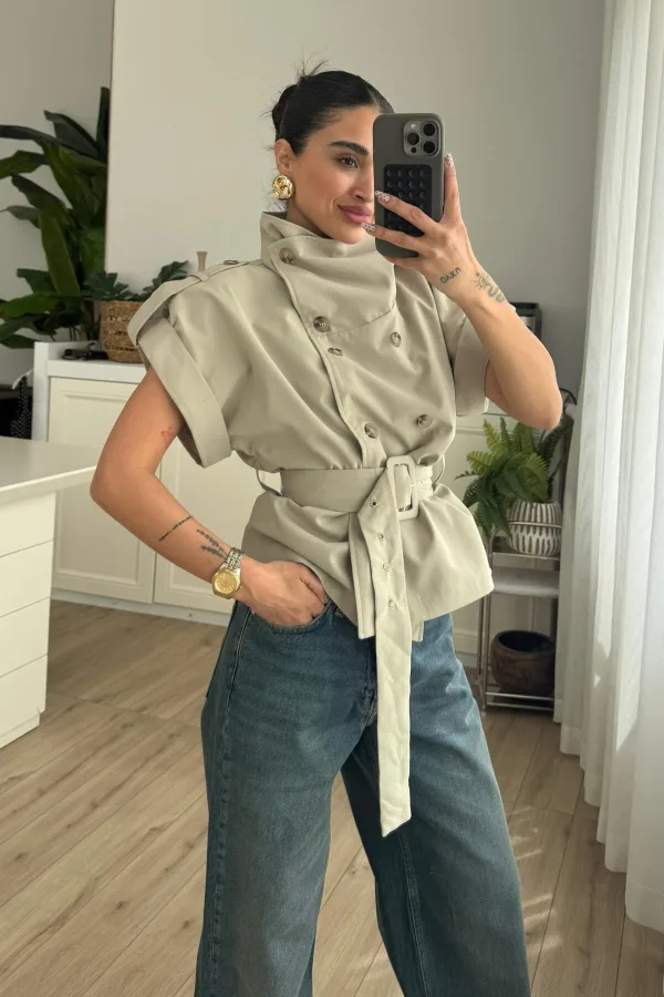 Kısa Kollu Dik Yaka Trenç Taş