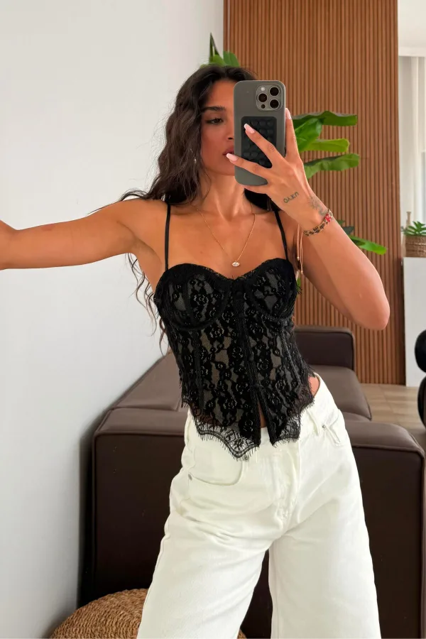 Kadife İşlemeli Balenli Korse Bluz Siyah
