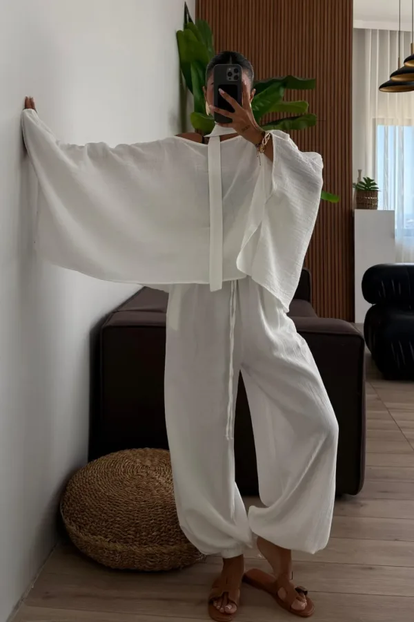 Yarasa Kollu Müslin Pantolon Takım 