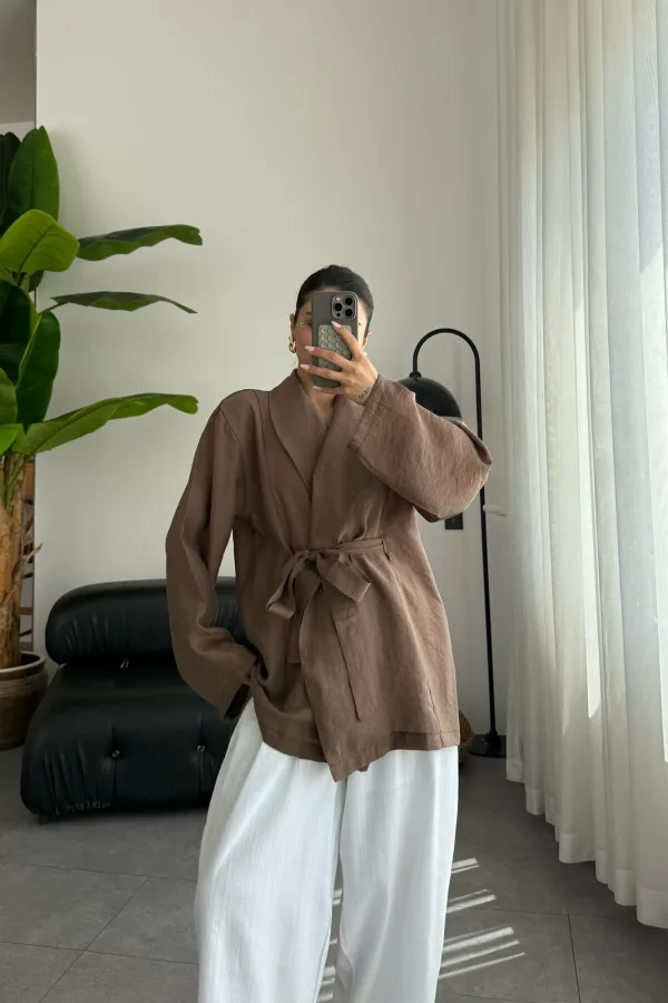 Bağlamalı Transparan Kimono Kahve