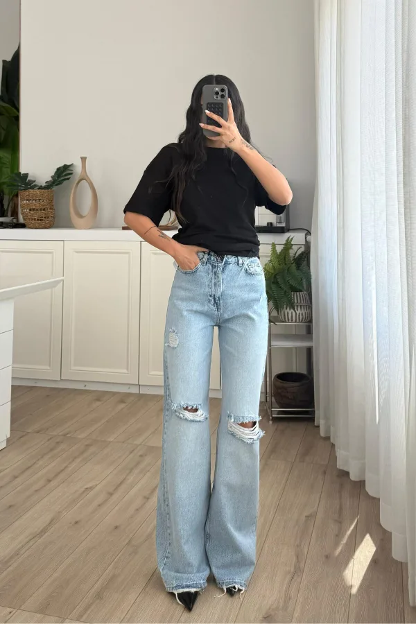 Dizi Yırtık Wide Leg Mavi Jean