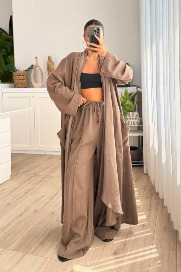 Tül Detaylı Cepli Kimono Takım