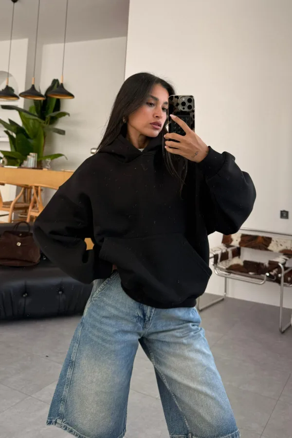 Oversize Kapşonlu Sweat Siyah
