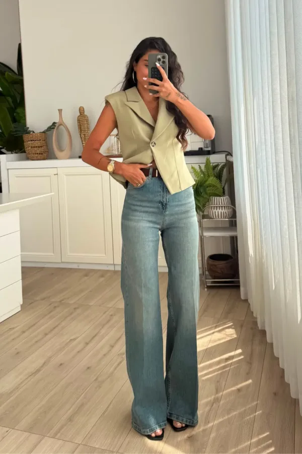 Kemerli Boru Paça Mavi Eskitme Jean 