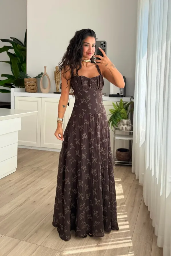 Elysia Nakış Detaylı Elbise Kahverengi