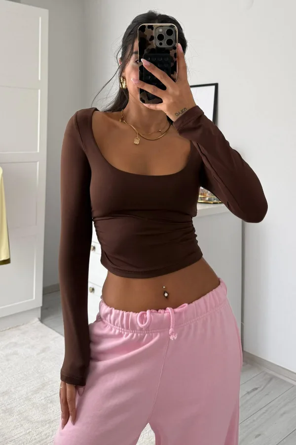 U Yaka Drapeli Crop Kahverengi