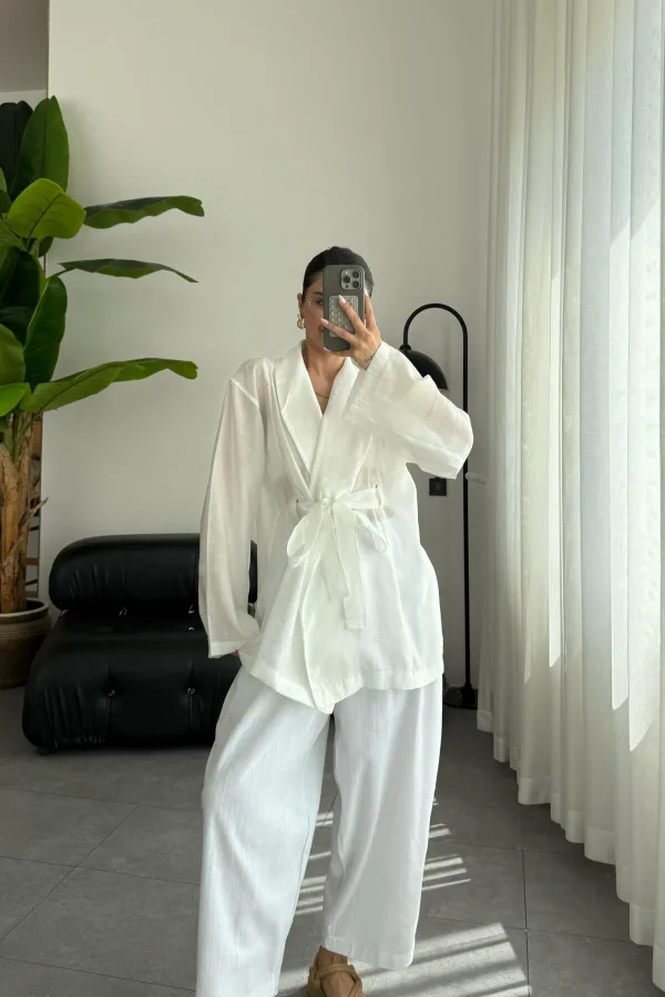 Bağlamalı Transparan Kimono Beyaz