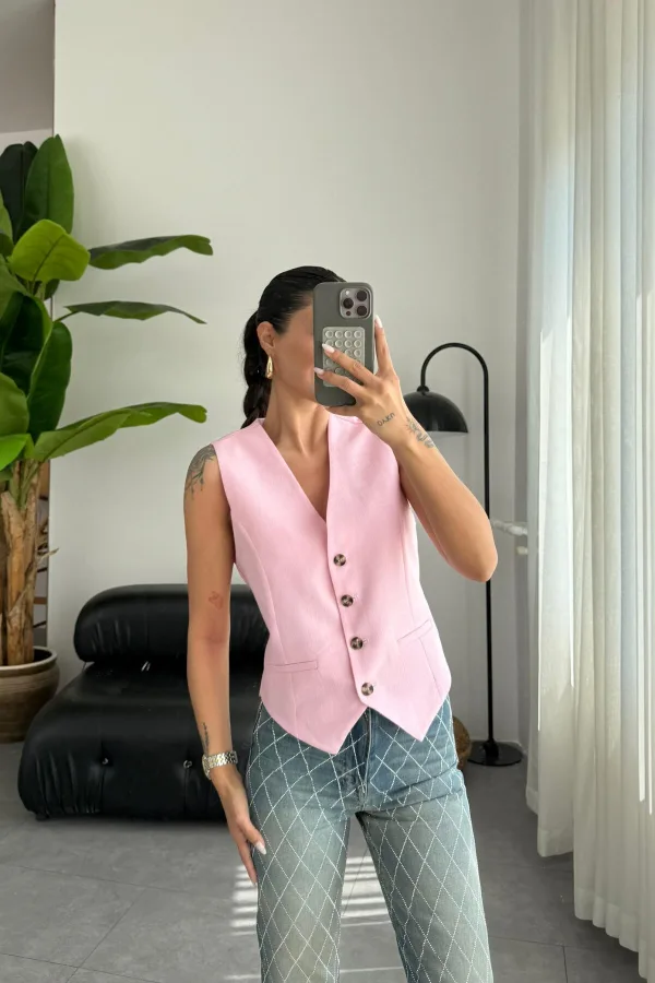 Beli Ayarlanabilir Keten Yelek Pembe
