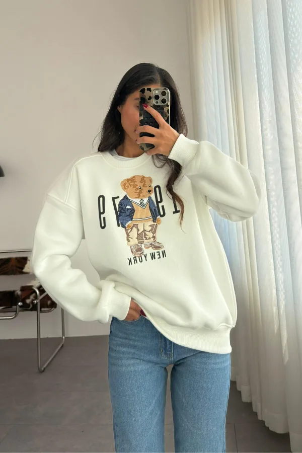 Ayıcık İşlemeli Oversize Sweat Beyaz