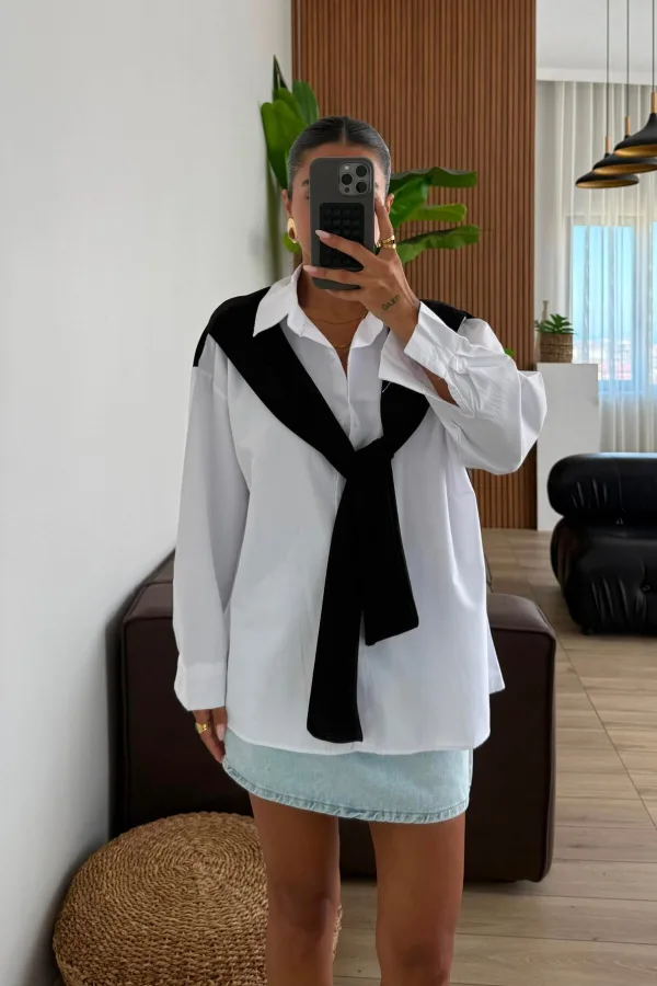 Garnili Oversize Gömlek Beyaz