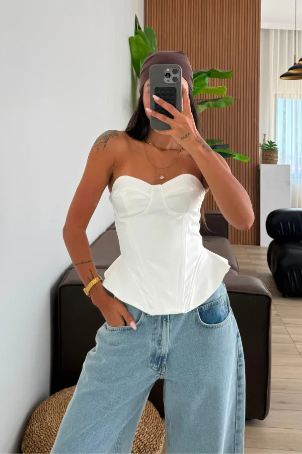 Mocha Balenli Korse Bluz Beyaz