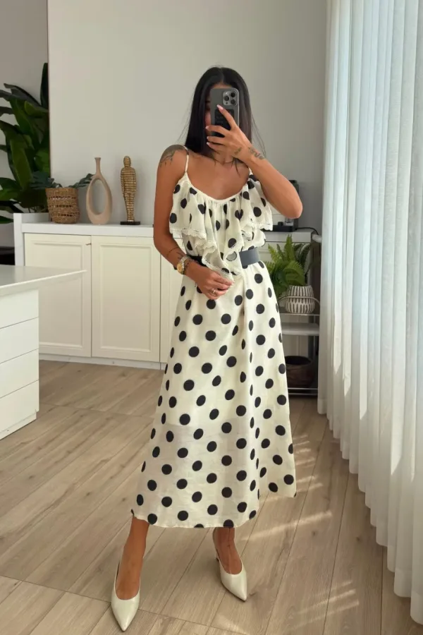 İp Askılı Fırfırlı Puantiyeli Elbise Bej