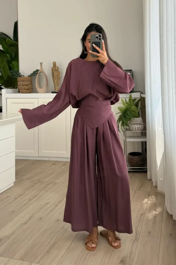 Beli Şal Detaylı Pantolon Bluz Takım