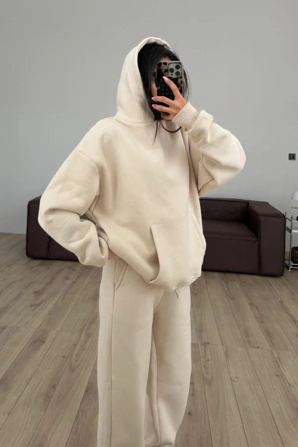 İçi Şardonlu Kapşonlu Sweat Bej