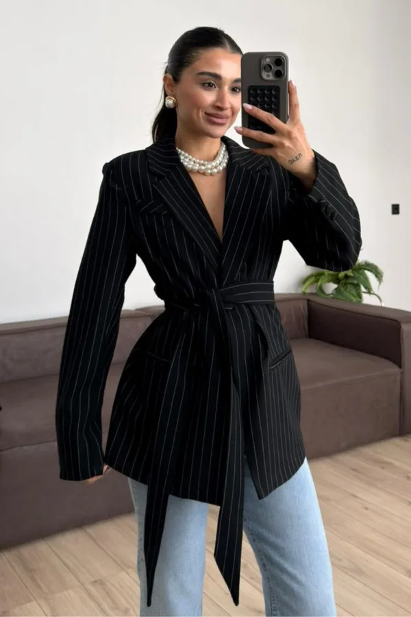 Çizgili Blazer Ceket Siyah