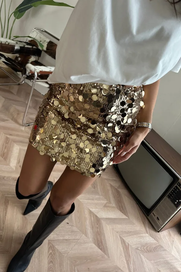 Parla Gold Pullu Mini Etek