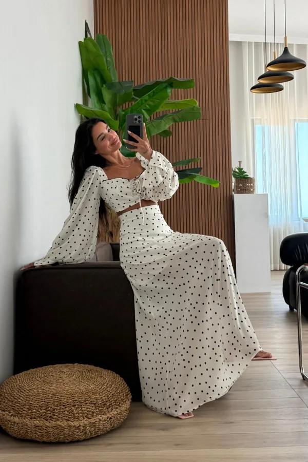 Balon Kollu Puantiyeli Crop Etek Takım Ekru