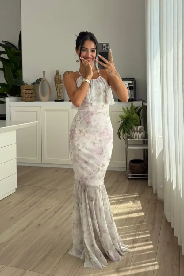 Soft Çiçek Desenli Tül Elbise Pembe