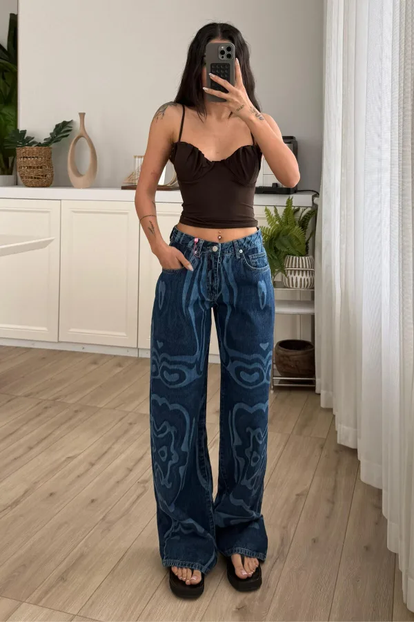 Gr Desenli Baggy Koyu Mavi Jean