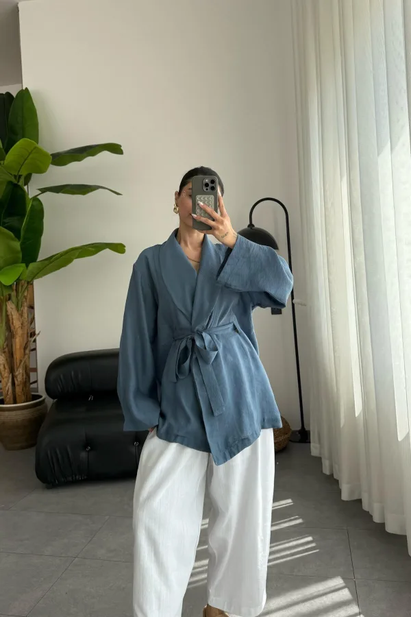 Bağlamalı Transparan Kimono İndigo