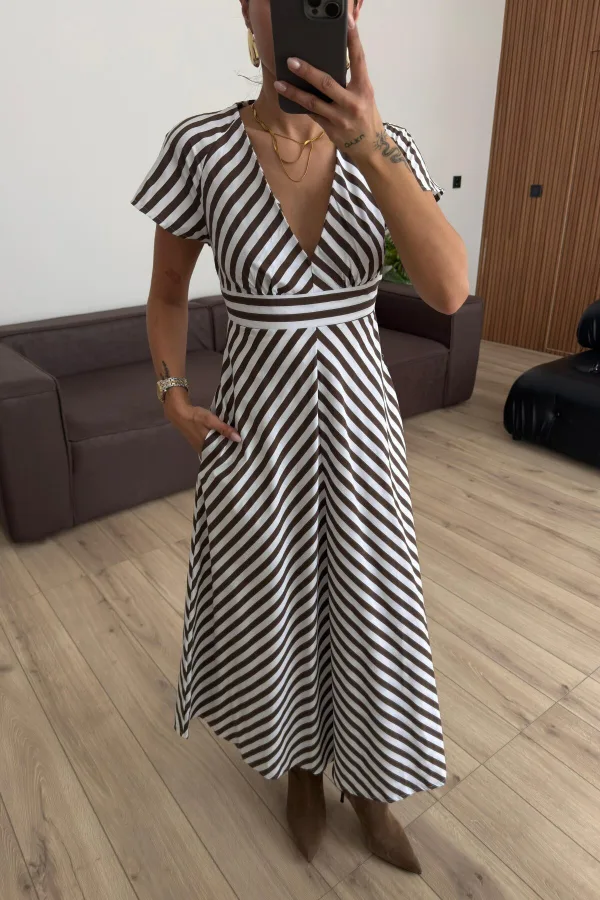V Yaka Çizgili Poplin Elbise Kahverengi
