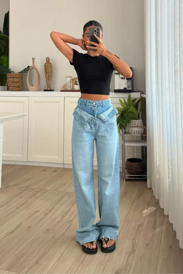 Double Waist Mavi Yıkamalı Jean 