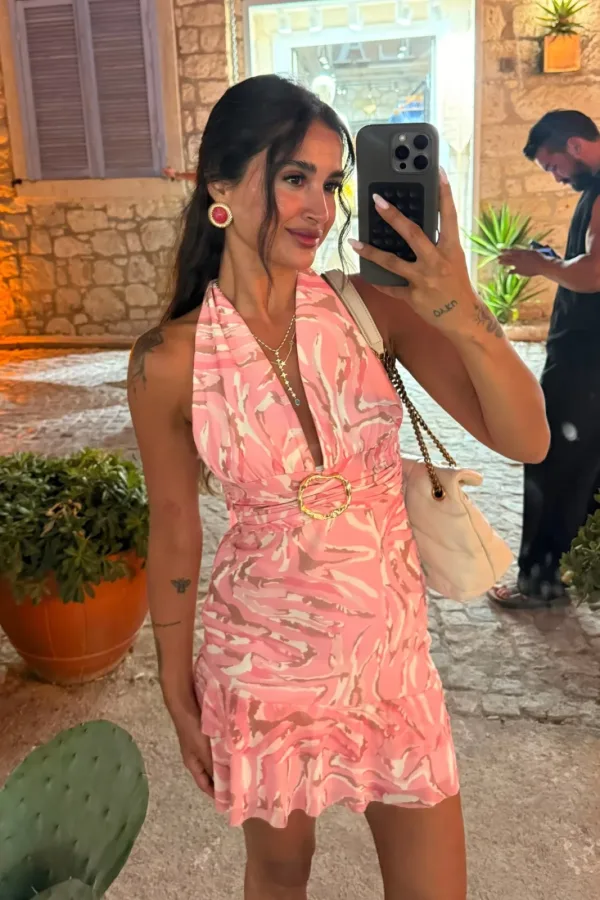Desenli Toka Detaylı Elbise Pembe 